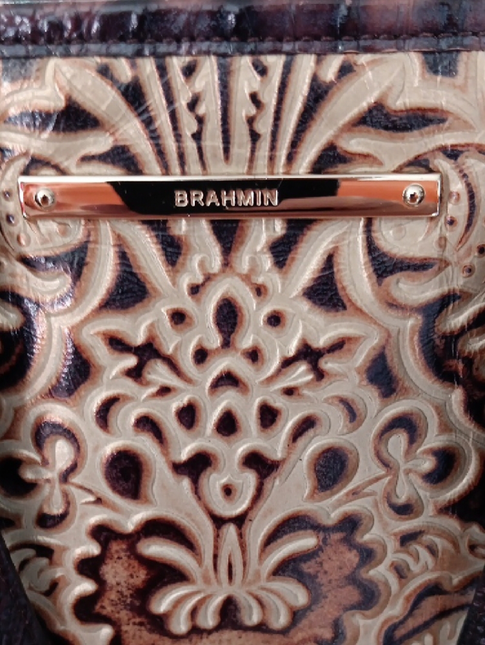 Brahmin Embossed Floral Satchel in Brown and Tan - Picture 7 of 14